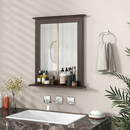 27-in x 22.5-in Bathroom Wall Mirror with Shelf in Dark Brown Wood Finish-0
