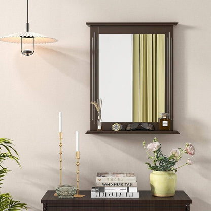 27-in x 22.5-in Bathroom Wall Mirror with Shelf in Dark Brown Wood Finish-1