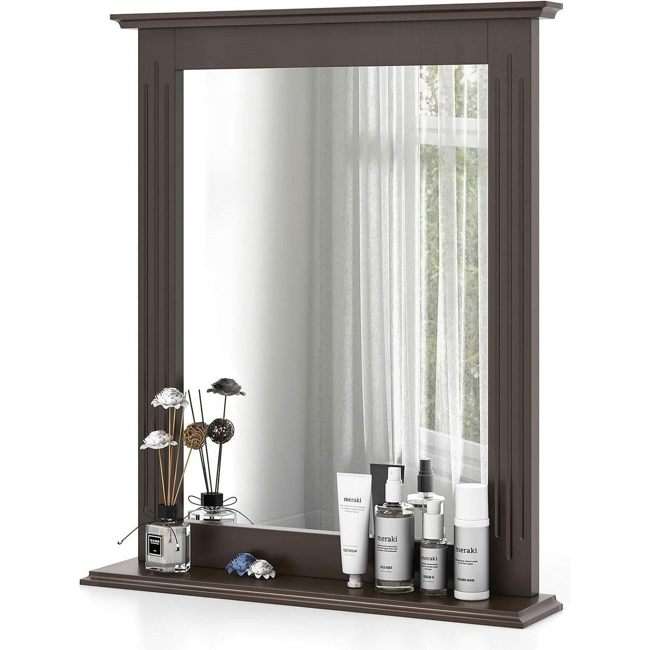 27-in x 22.5-in Bathroom Wall Mirror with Shelf in Dark Brown Wood Finish-2