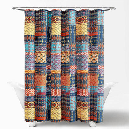 72-inch Navy Blue Orange Yellow Teal Boho Patchwork Polyester Shower Curtain - Loft&Timber