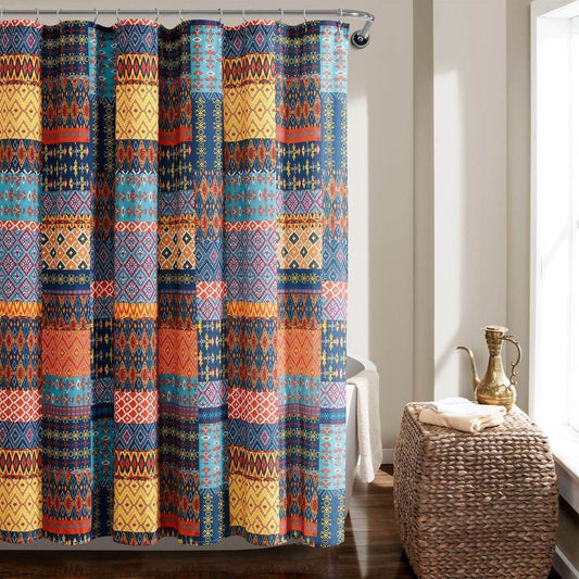 72-inch Navy Blue Orange Yellow Teal Boho Patchwork Polyester Shower Curtain - Loft&Timber