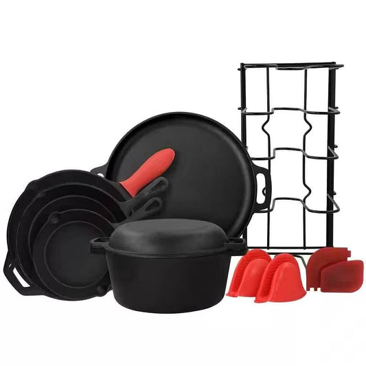 12-Piece Cast Iron Cookware set with Dutch Oven Frying Pan Skillet and Pizza Pan - Loft&Timber