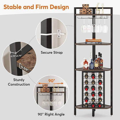 Industrial Corner Wine Rack Storage Shelving Unit with Glass Holders - Loft&Timber