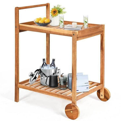 Solid Wood Rolling Serving Cart Kitchen Island with Bottom Shelf - Loft&Timber
