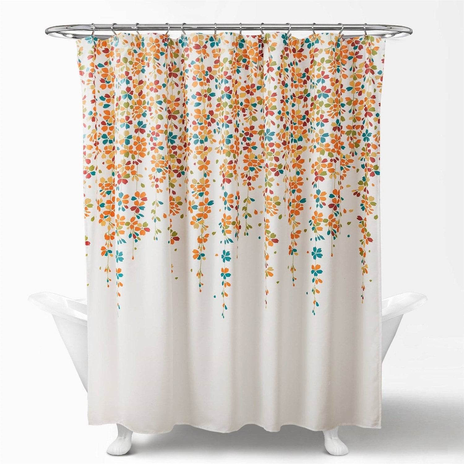 72-inch White Turquoise Blue Orange Floral Flowers Shower Curtain - Loft&Timber