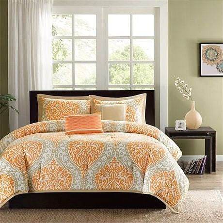 Twin size 4-Piece Orange White Damask Print Comforter Set - Loft&Timber