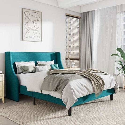 Full Size Turquoise Linen Blend Upholstered Platform Bed with Wingback Headboard - Loft&Timber