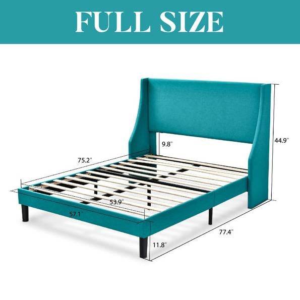 Full Size Turquoise Linen Blend Upholstered Platform Bed with Wingback Headboard - Loft&Timber