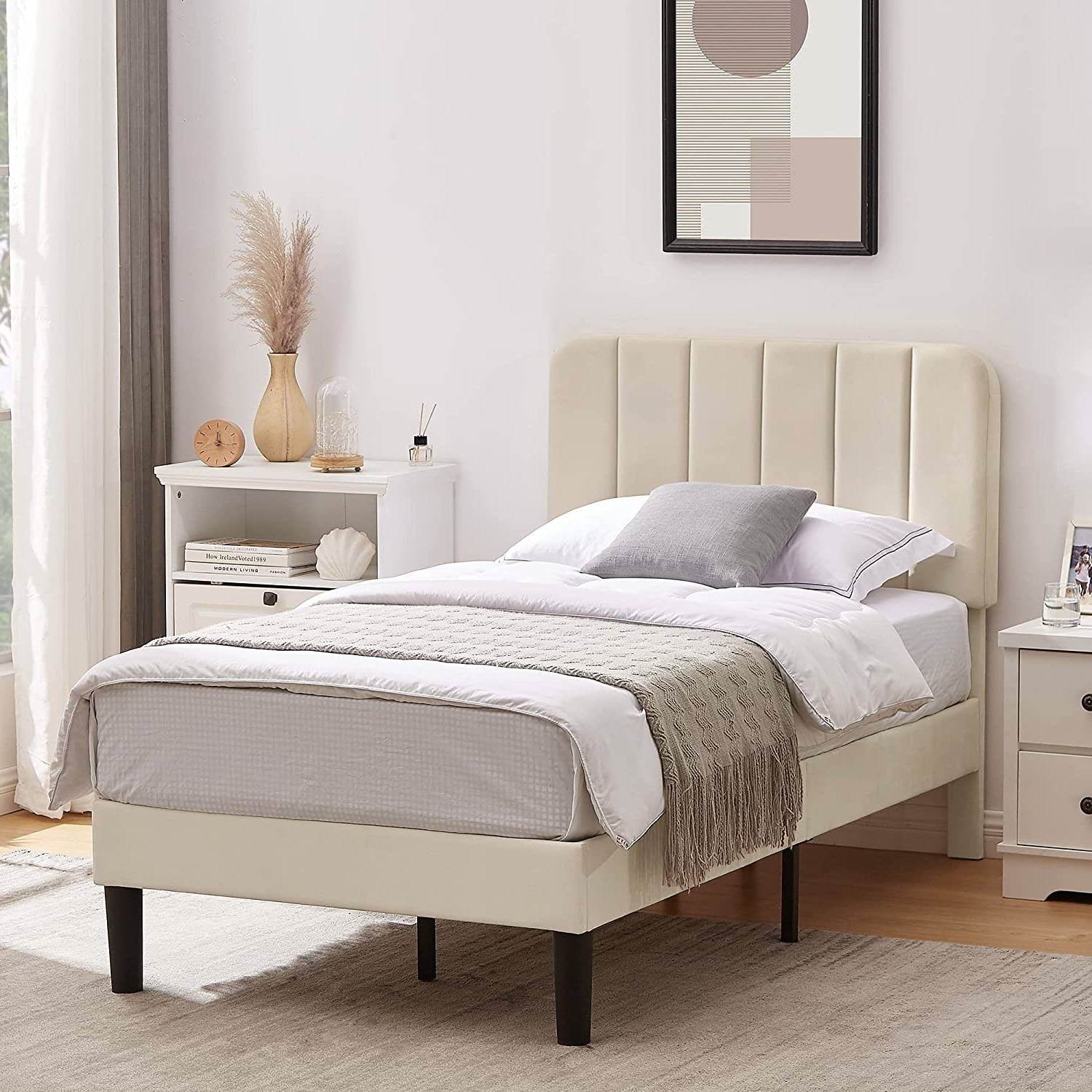 Twin size Beige Upholstered Platform Bed Frame with Headboard - Loft&Timber