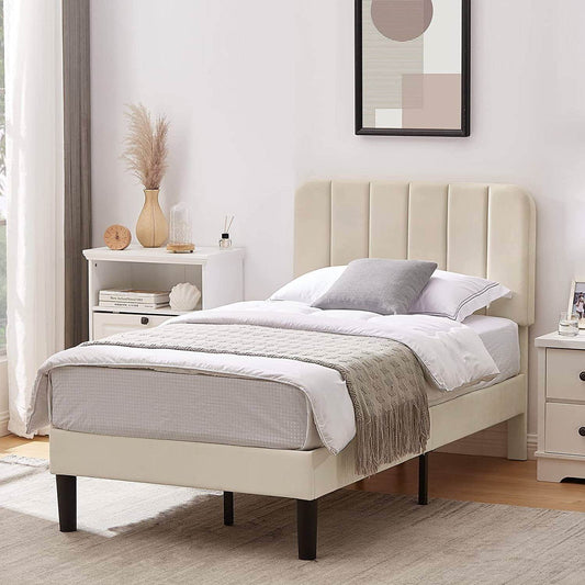 Twin size Beige Upholstered Platform Bed Frame with Headboard - Loft&Timber
