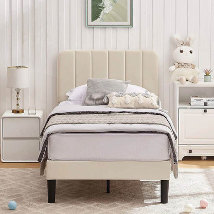 Twin size Beige Upholstered Platform Bed Frame with Headboard - Loft&Timber