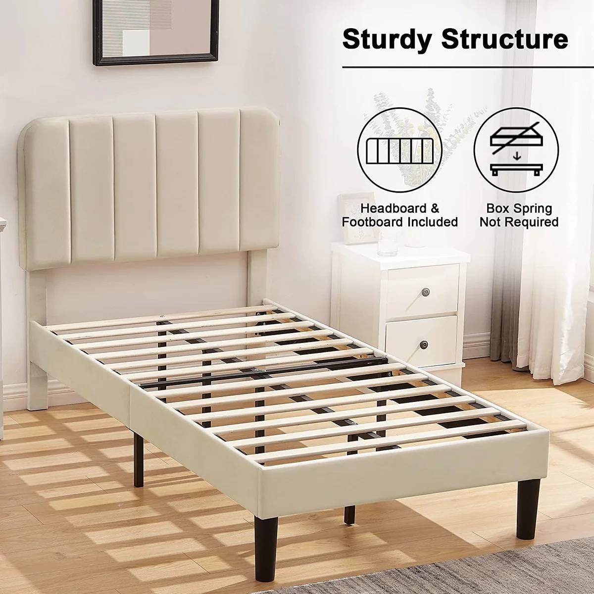 Twin size Beige Upholstered Platform Bed Frame with Headboard - Loft&Timber