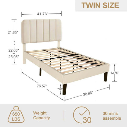 Twin size Beige Upholstered Platform Bed Frame with Headboard - Loft&Timber