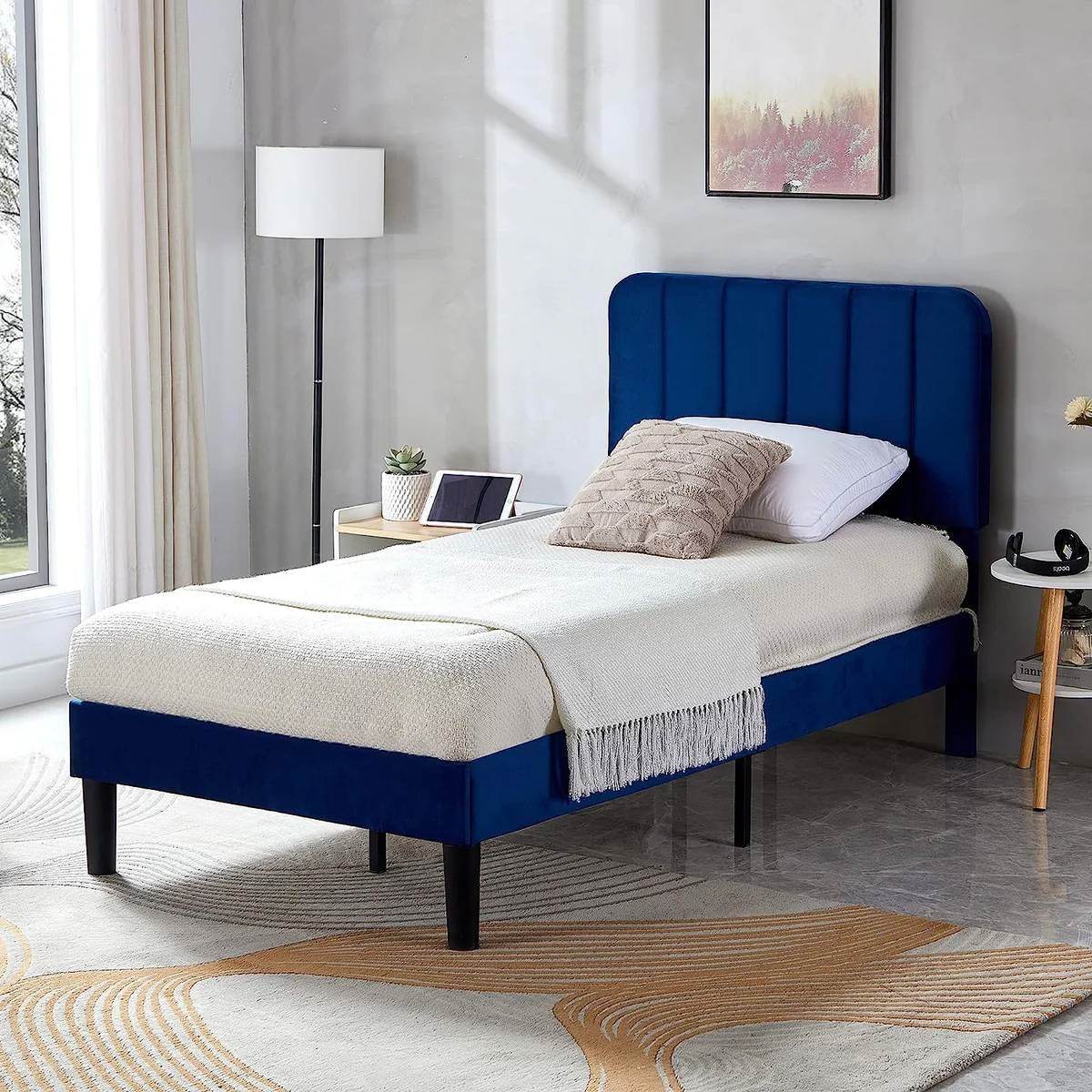 Twin size Blue Upholstered Platform Bed Frame with Headboard - Loft&Timber