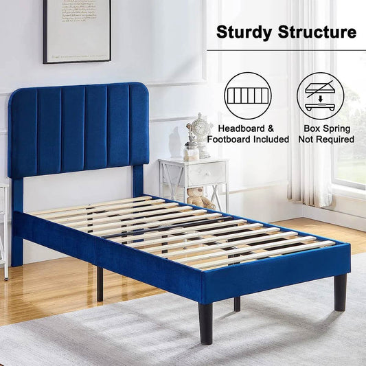 Twin size Blue Upholstered Platform Bed Frame with Headboard - Loft&Timber