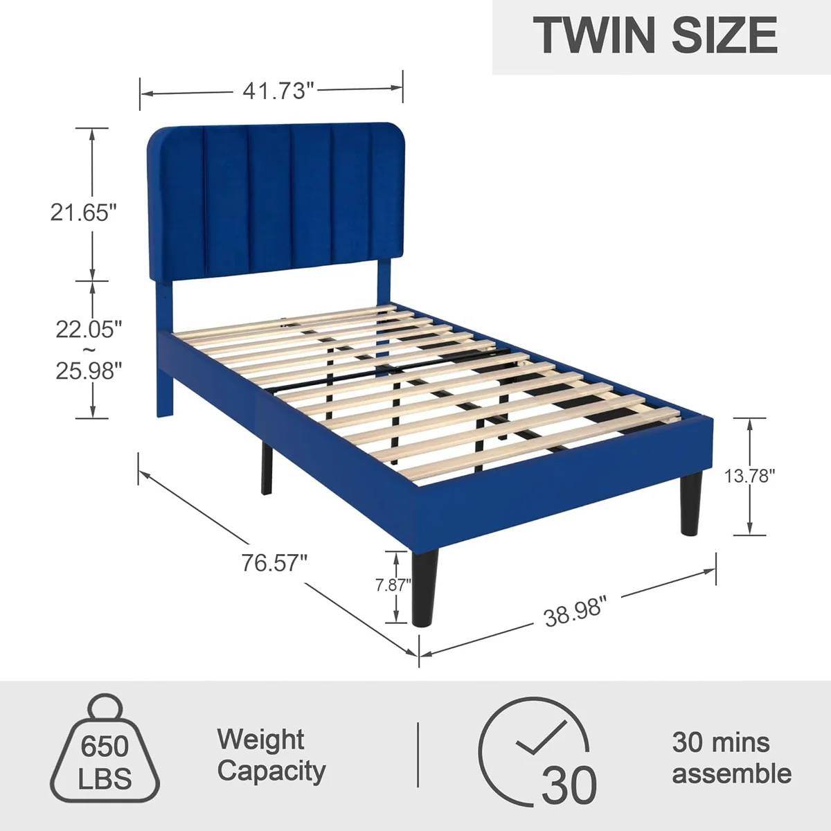 Twin size Blue Upholstered Platform Bed Frame with Headboard - Loft&Timber