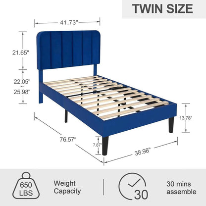 Twin size Blue Upholstered Platform Bed Frame with Headboard - Loft&Timber