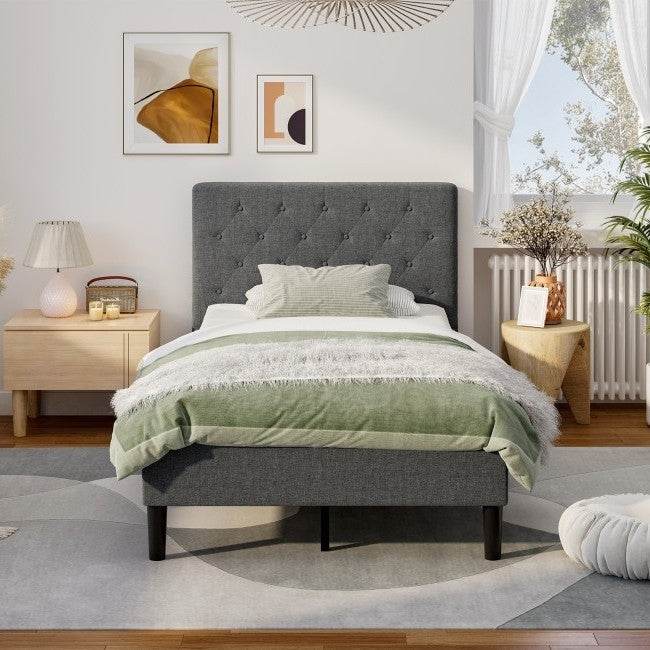 Twin Size Grey Upholstered Button Tufted Headboard Platform Bed - Loft&Timber
