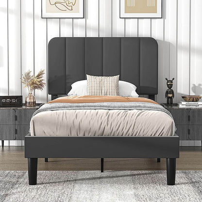 Twin size Dark Grey Upholstered Platform Bed Frame with Headboard - Loft&Timber