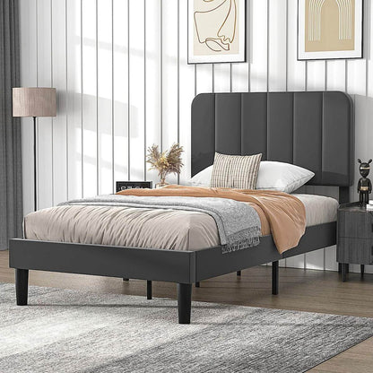 Twin size Dark Grey Upholstered Platform Bed Frame with Headboard - Loft&Timber