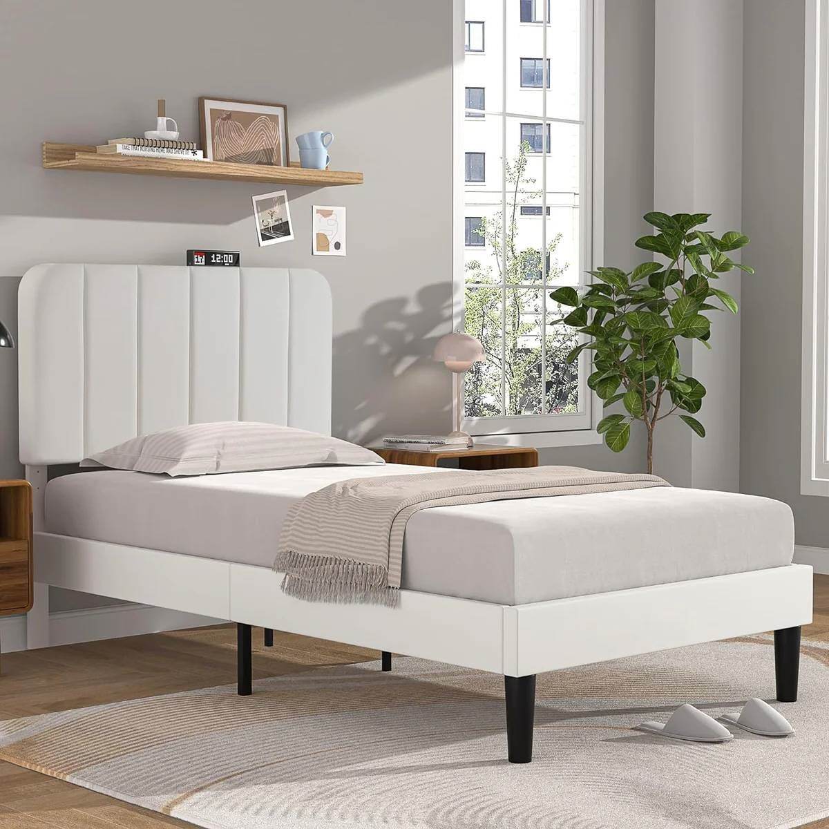 Twin size White Upholstered Platform Bed Frame with Headboard - Loft&Timber