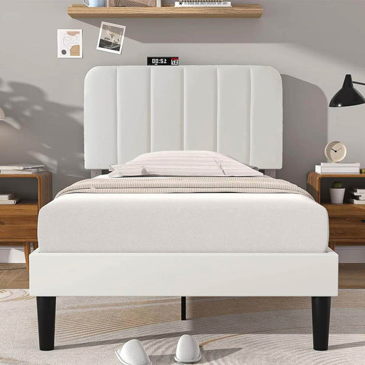 Twin size White Upholstered Platform Bed Frame with Headboard - Loft&Timber