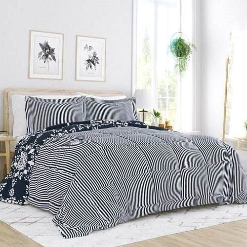 Twin size 3-Piece Navy Blue White Reversible Floral Striped Comforter Set - Loft&Timber