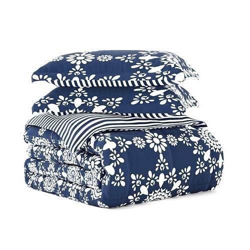 Twin size 3-Piece Navy Blue White Reversible Floral Striped Comforter Set - Loft&Timber