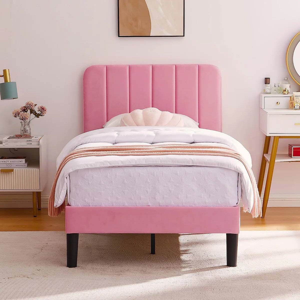Twin size Pink Upholstered Platform Bed Frame with Headboard - Loft&Timber