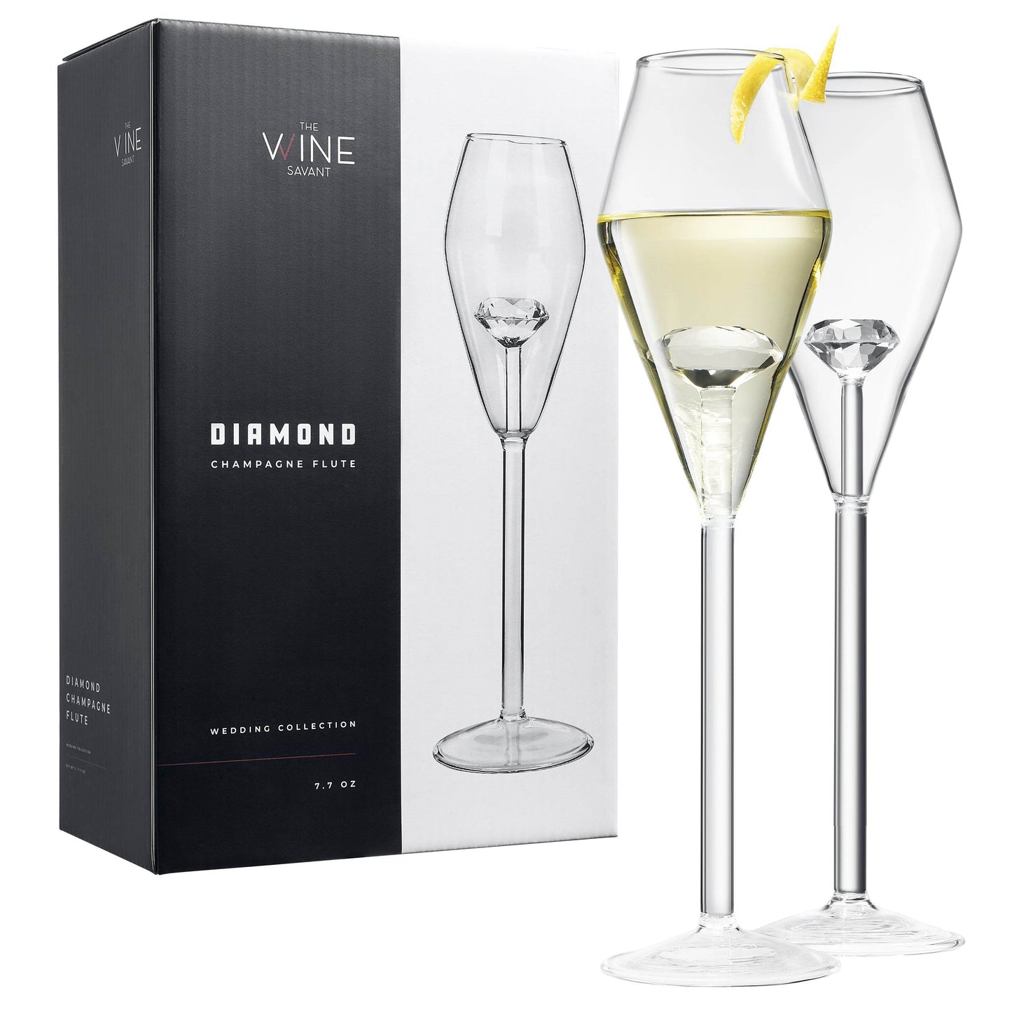 Champagne Flute Glassware | Set of 2, 7.8 OZ | Diamond Stemmed Glass, Gift for Her - Loft&Timber