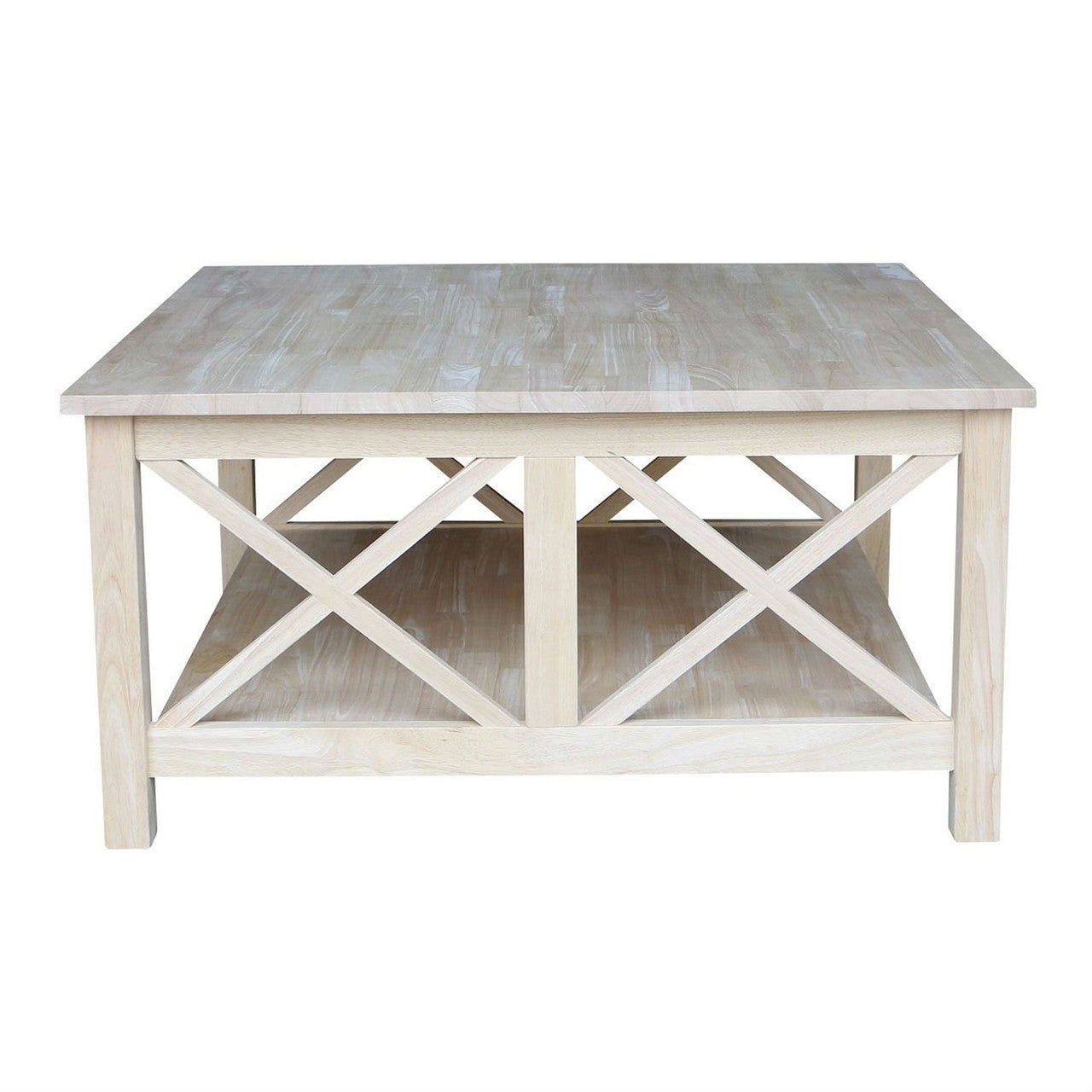 Square Unfinished Solid Wood Coffee Table with Bottom Shelf-0