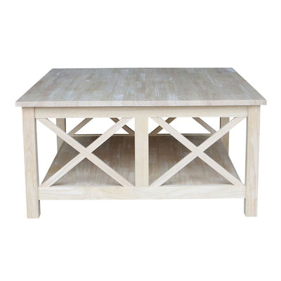 Square Unfinished Solid Wood Coffee Table with Bottom Shelf-0
