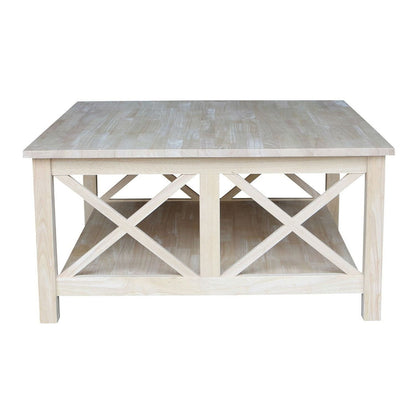 Square Unfinished Solid Wood Coffee Table with Bottom Shelf-0