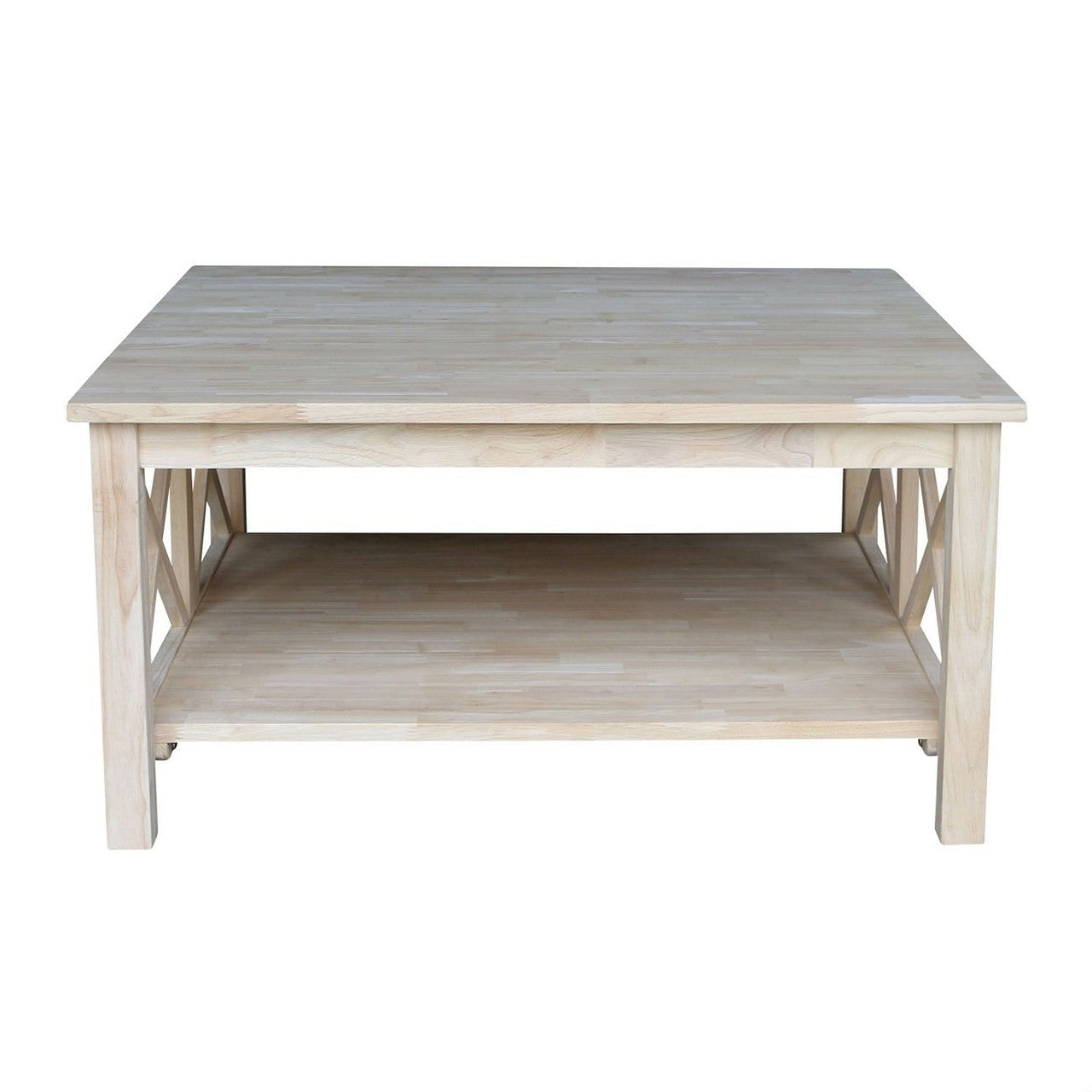 Square Unfinished Solid Wood Coffee Table with Bottom Shelf-1