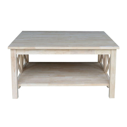Square Unfinished Solid Wood Coffee Table with Bottom Shelf-1