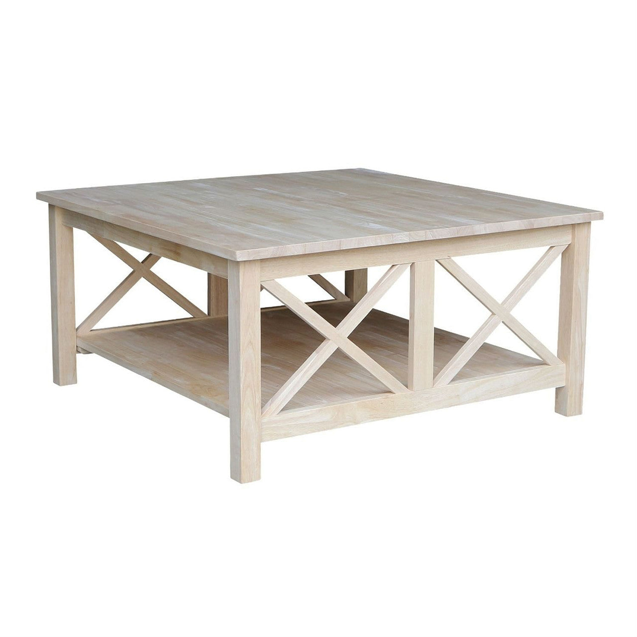 Square Unfinished Solid Wood Coffee Table with Bottom Shelf-2