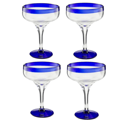 Mexican Hand Blown Glass – Set of 4 Large 16oz, Cobalt Blue Rim Line, Luxury Margarita & Cocktail Glasses, Mexico Design Large 16oz Cobalt Cinco de Mayo - The Wine Savant, Dishwasher Safe Glassware - Loft&Timber