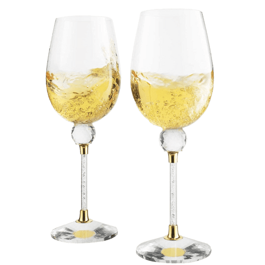 The Wine Savant Rhinestone DIAMOND Studded Wine Glasses 16 Ounces Set of 2 10-inches Tall, Gold and Laser Cut Sparkling Wine Wedding Glasses, Elegant Crystal - For Everyday, Weddings, Parties - Loft&Timber