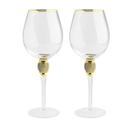 The Wine Savant Large Diamond Wine Glasses, Gold Rim Rhinestone Diamond Glasses - Wedding Glasses - 15 Ounce, Premium Designed Wine Glasses for Spirits and Wine, Gift Boxed (2, Clear) - Loft&Timber