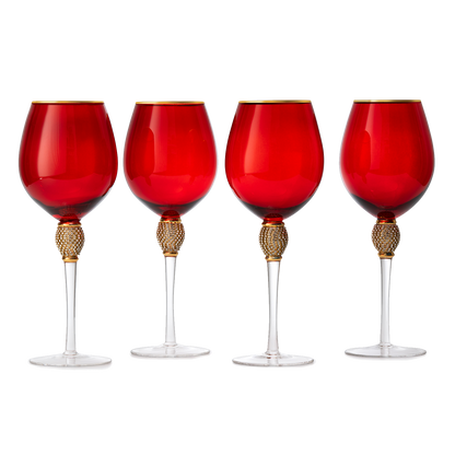 The Wine Savant Large Diamond Wine Glasses, 10" H Gold Rim Rhinestone Diamond Glasses - Wedding Glasses - 18 Ounce, Premium Designed Wine Glasses for Spirits and Wine, Gift Boxed (4, Red) - Loft&Timber