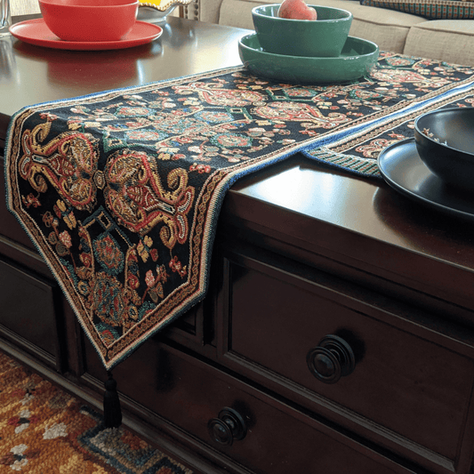 Tache Elegant Black Ornate Paisley Woven Tapestry Table Runner (18192)-0