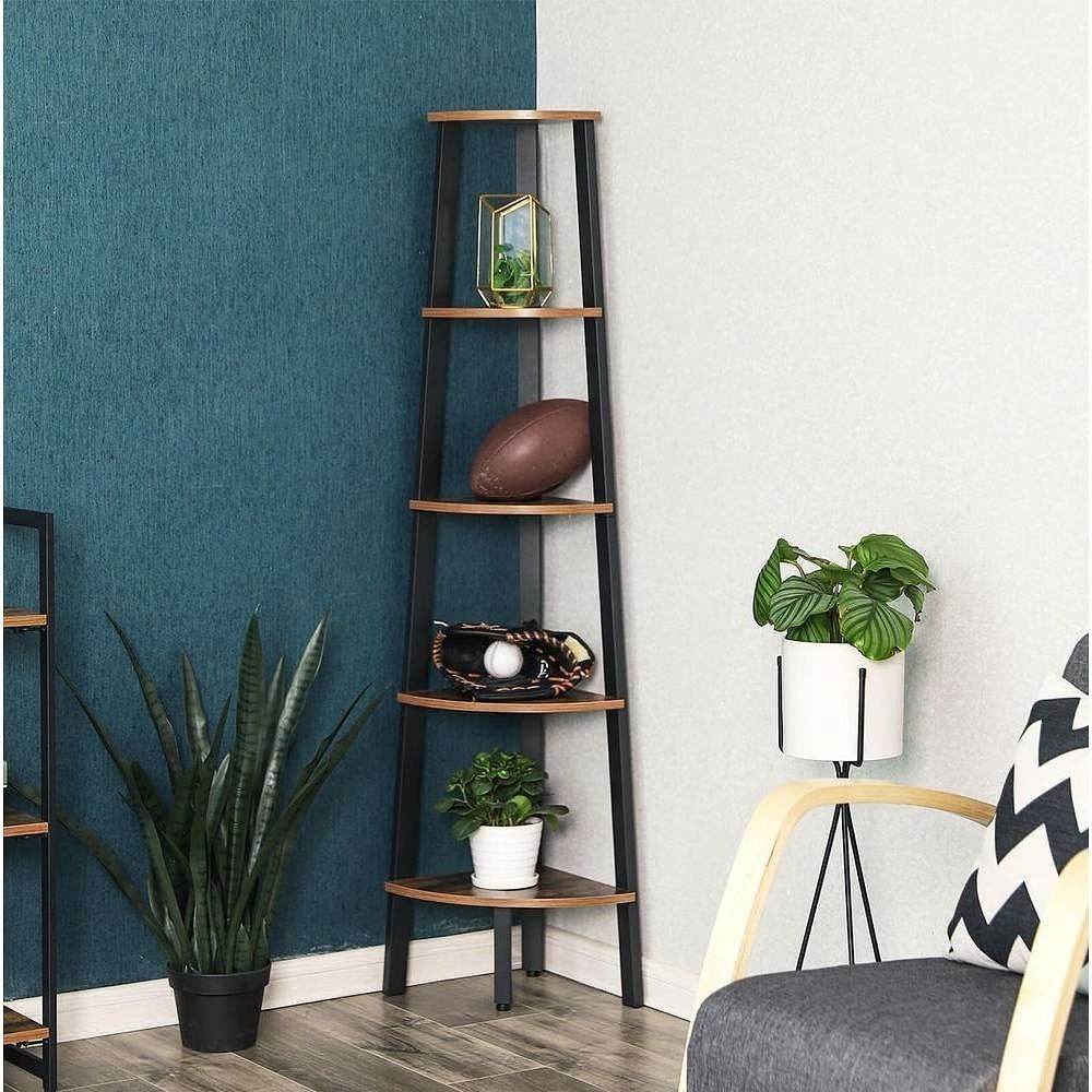 Modern 4-Shelf Brown Black Corner Shelving Unit Slim Bookcase - Loft&Timber