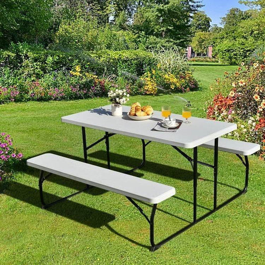 Folding White HDPE Picnic Table with 2 Benches Outdoor Patio Furniture Set - Loft&Timber