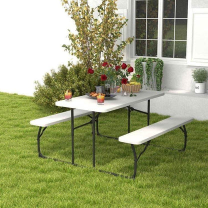 Folding White HDPE Picnic Table with 2 Benches Outdoor Patio Furniture Set - Loft&Timber
