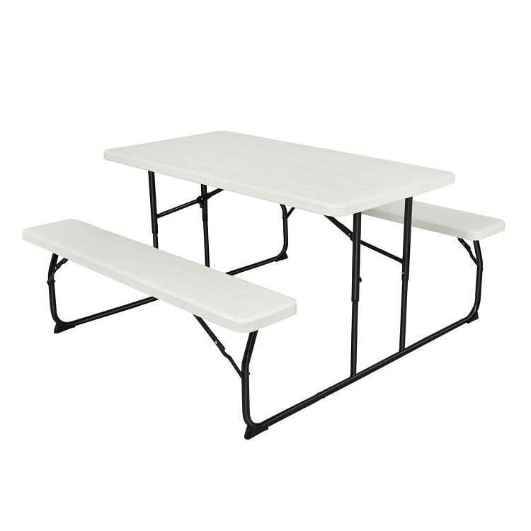 Folding White HDPE Picnic Table with 2 Benches Outdoor Patio Furniture Set - Loft&Timber