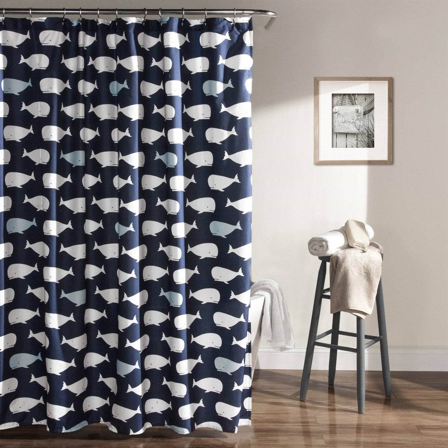 72-inch Navy White Nautical Whales Polyester Shower Curtain - Loft&Timber
