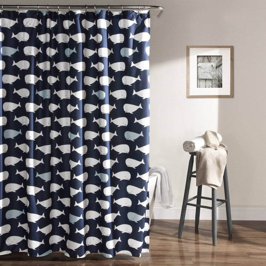 72-inch Navy White Nautical Whales Polyester Shower Curtain - Loft&Timber
