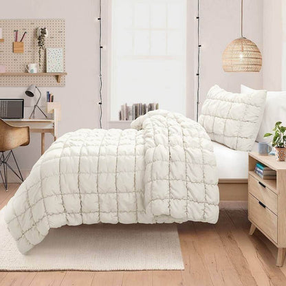 Full/Queen Soft Lightweight Puff Textured 3-Piece Comforter Set in Off White - Loft&Timber
