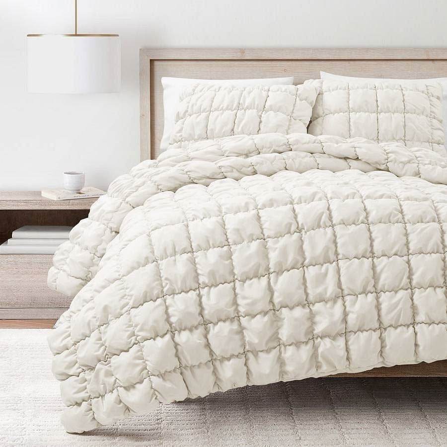 Full/Queen Soft Lightweight Puff Textured 3-Piece Comforter Set in Off White - Loft&Timber