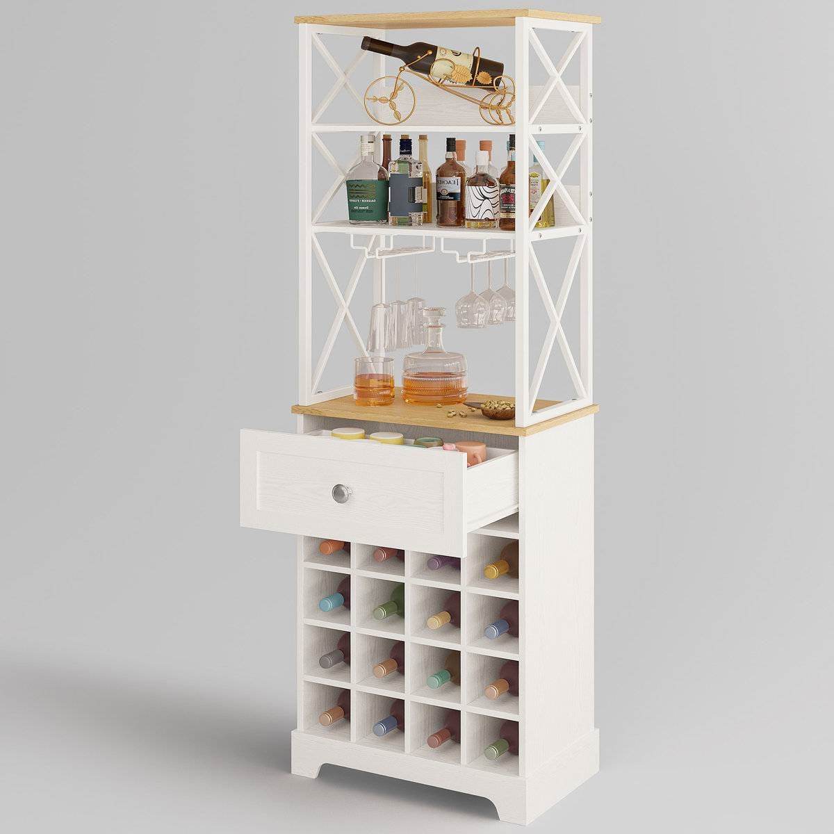 White/Natural Wine Bottle & Glass Rack Cabinet Bar Storage - Loft&Timber